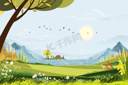 村子里的春景，湖边山上有农舍，蓝天小山上有绿地，乡间有矢车菊，草地上有野花 