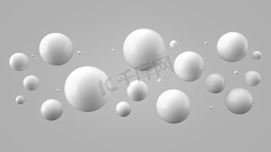 空白处摄影照片_在简单的梯度背景下, 不同尺寸的闪亮球。空白处有光泽的气泡。具有混沌浮动球体的抽象组合。3d 渲染