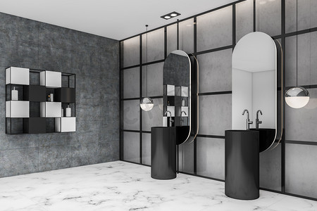 豪华浴室的拐角处，有灰色瓷墙，白色大理石地板，舒适的双层水池，有两个镜子，白色和黑色架子，有美容产品。3d渲染