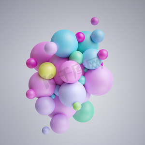 糖果几何摄影照片_3d 渲染, 抽象几何背景, 彩色球, 五彩气球, 粉彩糖果颜色, 原始形状, 简约设计, 派对装饰, 塑料玩具, 孤立元素
