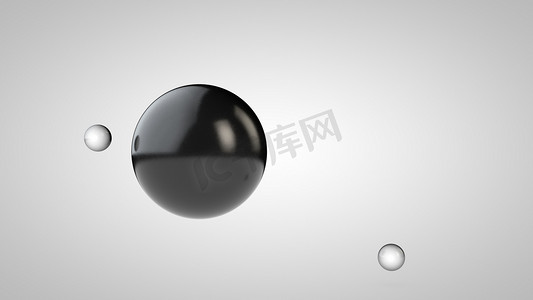 黑球的3d插图，一个大球和两个小球。球体在空气中，隔离在白色背景上。抽象的 3d 呈现。带有几何对象的空间.