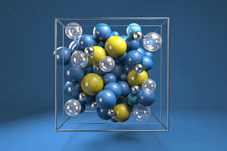 彩色透明立方体摄影照片_3d. 在铬丝立方体上的彩色光泽球体组。明亮的蓝色和黄色的塑料球, 透明的气泡和金属球。蓝色背景上的居中组合. 