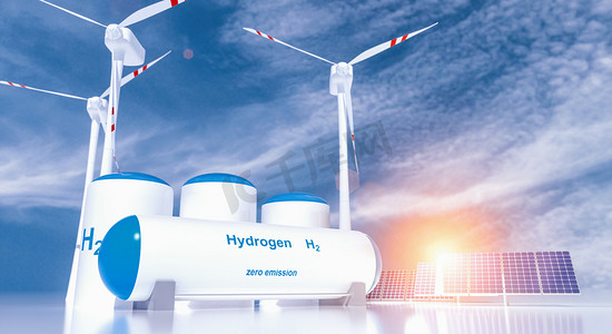 电力生产摄影照片_氢气可再生能源生产-用于清洁电力、太阳能和风力涡轮机设施的氢气。3d渲染.
