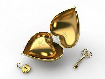 对党忠诚摄影照片_一个金盒子的形象, 形状是一颗心, 里面有一颗金子般的心, 里面有一把锁和钥匙。度假、情人节、忠诚和爱的理念。3d 渲染, 隔离在白色背景插图