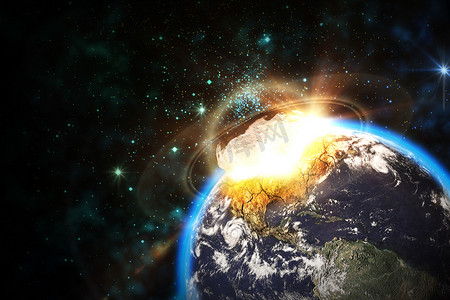 danger摄影照片_Space scene of asteroid impact on earth