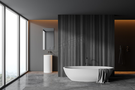 Interior of stylish bathroom with gray and dark wooden walls, concrete floor, shower stall, comfortable bathtub and round sink with mirror. Blurry mountain view. 3d rendering