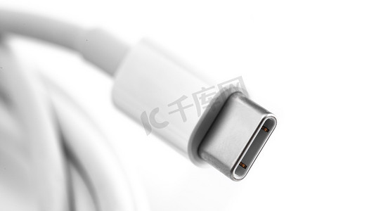 white USB Type-C cable closeup on white background