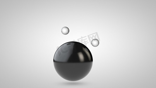 小球gif摄影照片_黑球的3d插图，一个大球和两个小球。球体在空气中，隔离在白色背景上。抽象的 3d 呈现。带有几何对象的空间.