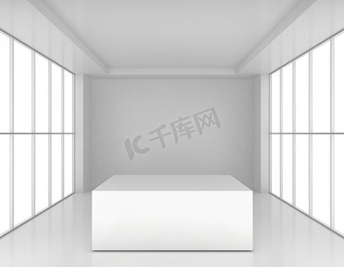 白色展台模型摄影照片_有光泽的陈列室空白白色展台