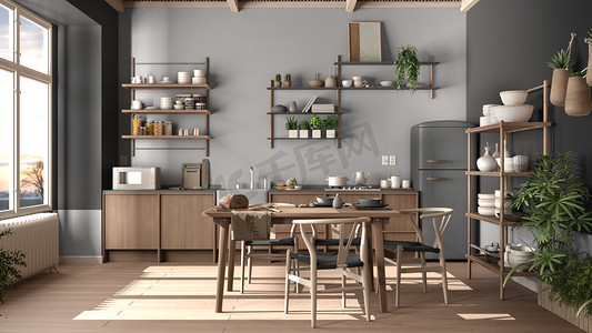 Country kitchen, eco interior design in gray tones, sustainable parquet floor, dining table, chairs, wooden shelves and bamboo ceiling. Natural recyclable architecture concept