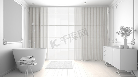 经典客房、墙壁成型、镶木地板、带地毯和配件的浴缸、水槽和装饰、现代建筑理念理念，简约浴室的整体白色项目