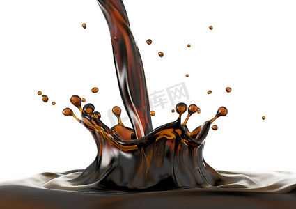 液体咖啡倒在咖啡池与冠飞溅与波纹。关闭侧视图。在白色背景.