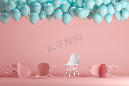 椅子创意摄影照片_杰出的白色椅子与浮动蓝色气球在粉红色的粉底背景室工作室。最小的想法创意概念.