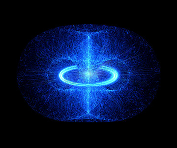 甜甜圈摄影照片_高能粒子流经托卡马克或甜甜圈形状的装置。反重力、磁场、核聚变、重力波和时空概念