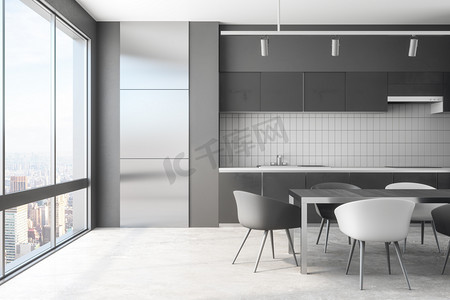 furniture摄影照片_Modern kitchen interior with panoramic city view, daylight and furniture. 3D Rendering 