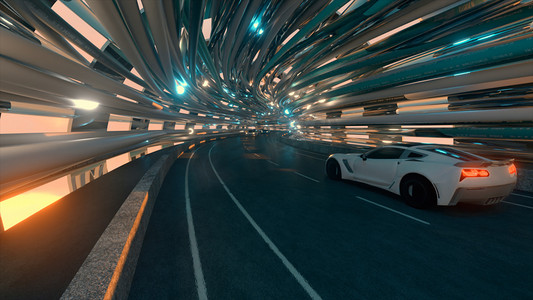 商业说明摄影照片_汽车在带有光纤的未来桥上的运动。未来的技术概念。商业背景。愉快的自然光。3d说明