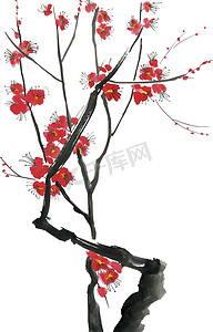 plum摄影照片_开花树的树枝。粉红色和红色的梅梅, 野生杏子和樱花的样式化的花朵。水彩和墨水插图在风格的墨-e, u-罪。东方传统绘画.  