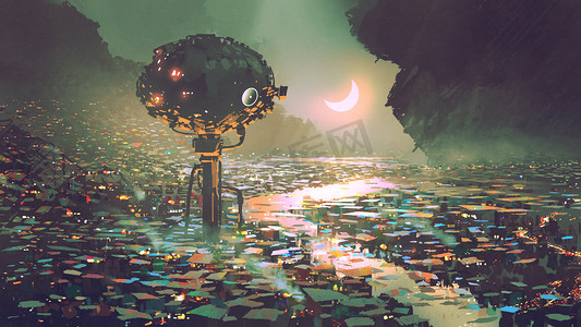 反乌托邦城市的未来主义塔的风景, 风格, 插图绘画