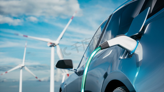 电动汽车续航摄影照片_汽车在风车的背景下充电.充电电动车。电动汽车在风力涡轮机的背景下充电.使用可再生能源的车辆。3D渲染