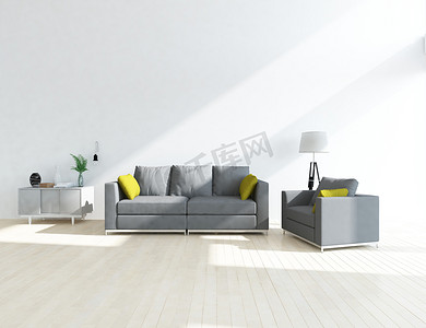 在木地板和装饰上, 斯堪的纳维亚人的客厅内部有沙发。家北欧内饰。3d 插图