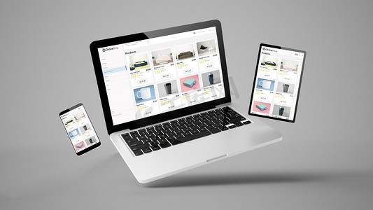 飞行笔记本电脑，移动和平板电脑3D渲染显示在线商店响应网页设计