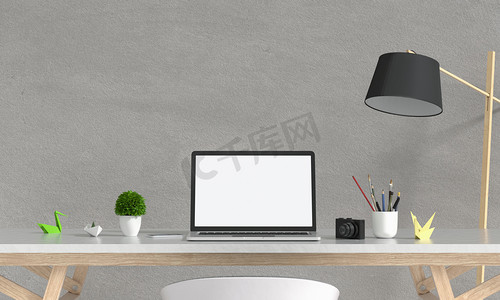 3dmax模型摄影照片_用于在白色房间的桌子上的模型的笔记本电脑显示屏和用于模型的空白空间的笔记本电脑显示屏, 3d 渲染