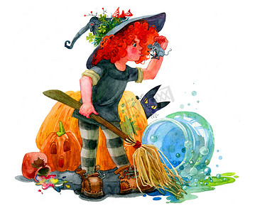 幻想魔法摄影照片_红头发的巫婆拿着扫帚，手里拿着一只老鼠，露出舌头。水彩画,手工制作.