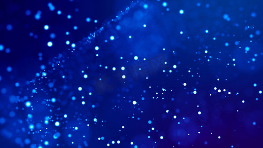 凸rich摄影照片_Microcosm. Glow blue particles on blue background are hanging in air for bright festive presentation with depth of field and light bokeh effects. Version 26