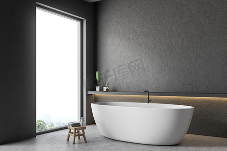 Corner of modern bathroom with gray walls, concrete floor and white bathtub standing next to a shelf on the wall. 3d rendering