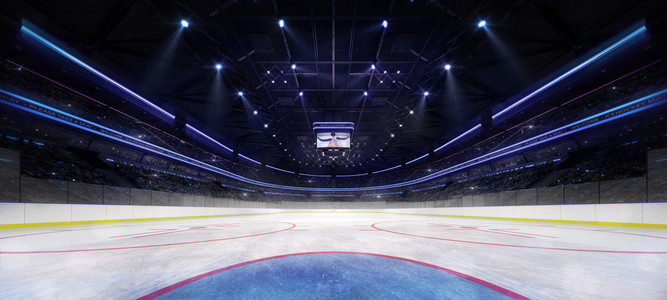 建筑冰块摄影照片_冰球体育场内部守门员的看法被聚光灯照亮