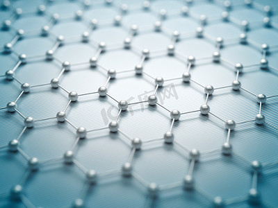 纳米技术摄影照片_石墨烯分子网格, 石墨烯原子结构概念, 六角几何形式, 纳米技术背景3d 渲染