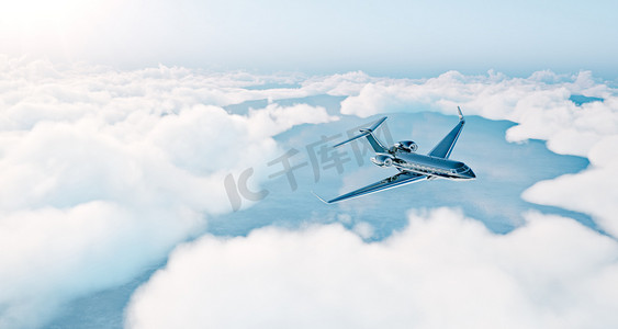 黑色豪华通用设计私人飞机飞越地球的照片。空旷的蓝天白云背景。商务旅游概念。水平。3d 渲染