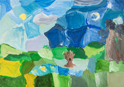 蓝色月亮手绘摄影照片_抽象的绿色景观与树木和夜空