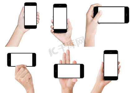 手执孤立的白色现代智能手机显示屏幕显示
