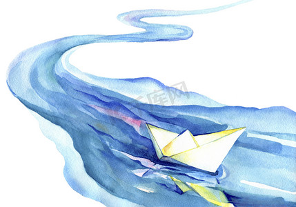 浪漫蓝色水彩背景摄影照片_白皮书船浮在水面上.