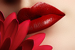 特写美丽的女性嘴唇与明亮的红色化妆。完美的干净皮肤，性感的唇彩。美丽的水疗肖像与温柔的红花。水疗和化妆品
