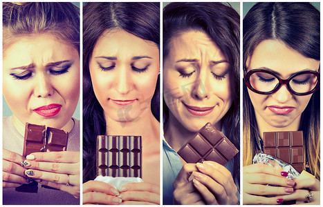 悲伤的年轻妇女累的饮食限制渴求糖果巧克力.