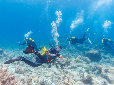 水务集团摄影照片_组的指南，马尔代夫的水下潜水者。