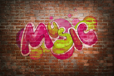 对砖的背景墙上多彩词音乐。街头涂鸦风格