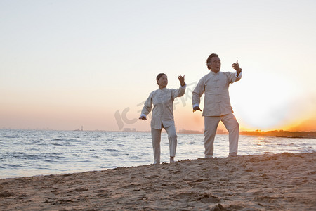 陈式太极拳摄影照片_人练习太极拳在沙滩上的看日落