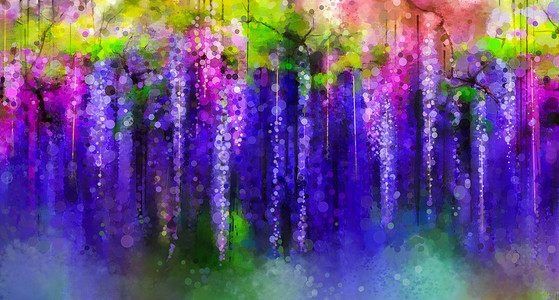 Abstract violet, red and yellow color flowers. Watercolor painting. Spring purple flowers Wisteria tree in blossom
