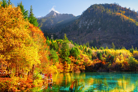 秋天季节摄影照片_秋林中的五花湖（多彩湖）
