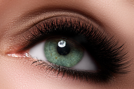 Macro shot of woman's beautiful eye with extremely long eyelashes. Sexy view, sensual look. Female eye with long eyelashes. Eyelashes extensions. Perfect make-up