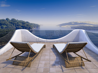 海景阳台和两把椅子度假概念背景