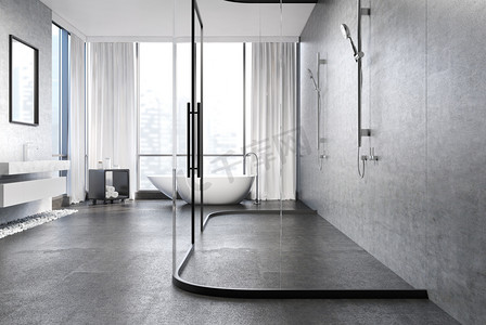 Gray concrete bathroom, shower