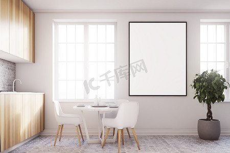 一张海报，木台面边白色厨房