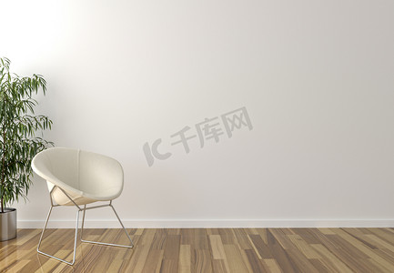 独奏白色椅子、 室内植物和空白的墙，在背景中