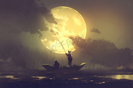 渔民在船上的 fishing rod 与大背景上的月亮