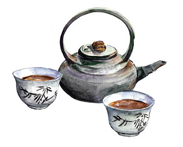 白色茶具摄影照片_传统的中国茶具。水彩