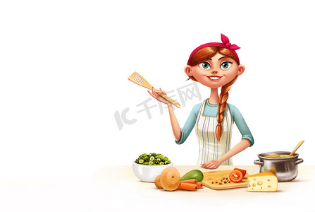 可爱卡通美食摄影照片_家庭主妇在厨房里的插图